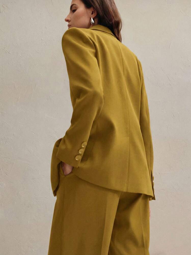 SHEIN x PRISCILA & JIMENA Anewsta Essential Business Casual Oldmoney Women's Suit Set, Maillard Color Blazer Jacket + Straight Leg Pants, 2pcs