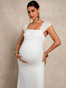 MaterniChic Pregnant Women Solid Color Pleated Elegant Party Dress - White - View 3