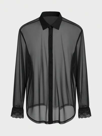 EASEVO Plus Size Men's Ascetic Sheer Texture Shirt Men See Through Shirt Black Sheer Shirt Men Men Sheer Shirt