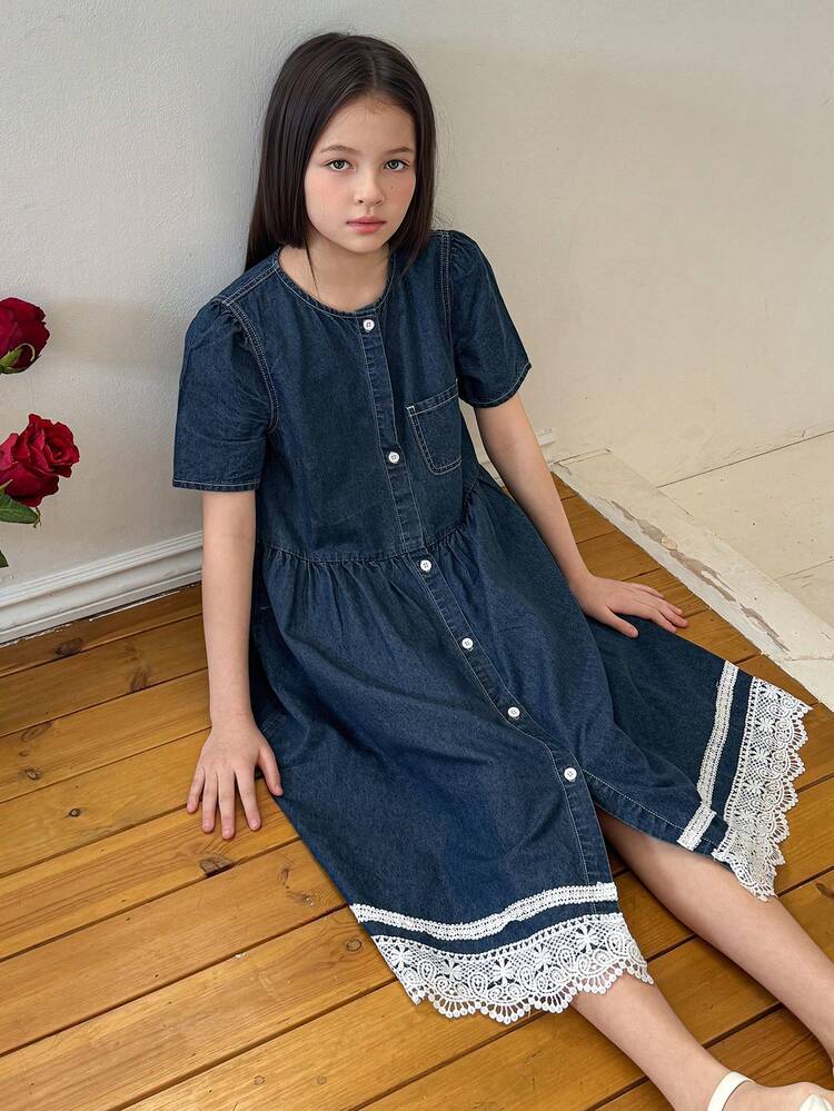 Girls' Round Neck Short Sleeve Denim Dress, Tween Girl Fall Clothes