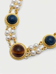 Glisma 18K Gold-Plated 1pc Flower Necklace With Pearl/Mother Of Pearl, Textured, Metallic Accents, Suitable For Party, Casual, Concert/Festival, Night Club, Wedding, Holiday, Vacation, Camping - For Women/Girls, Fall/Autumn/Winter, Festival, Holiday, Vacation, Old Money, Halloween - Gold - View 3