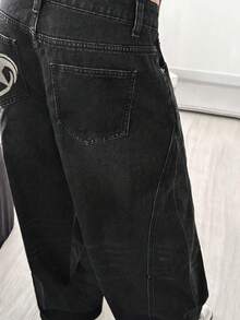 SHEIN PETITE Women's Pentagram Pocket Wide Leg Loose Fit Jeans Pants - Black - View 9