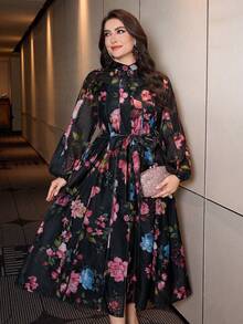 Modelyn Floral Print Stand Collar Long Sleeve Loose Regular Dress, Plus Size, Spring/Autumn - Multicolor - View 7