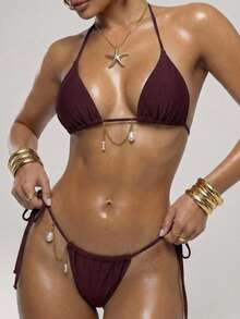 SHEIN BAE Bộ bikini buộc dây trang trí gợi cảm dành cho nữ - Màu đỏ tím - Xem 3