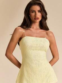 SHEIN x Tata & Beatriz SHEIN BAE 女士黄色蕾丝吊带背心和蕾丝薄纱裤两件套，黄色蕾丝优雅休闲度假装 - 黃色 - 查看 3