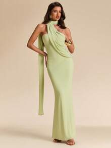 SHEIN BAE Đầm xanh lá cây trơn, vai lệch, buộc dây, dành cho nữ, đầm xanh lá cây, đầm thanh lịch, đầm đi nghỉ mát, đầm ngắn cho phù dâu, đầm đi học/tốt nghiệp. - màu xanh lá - Xem 5