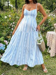 SHEIN 孕妇度假休闲几何印花无袖连衣裙 - 藍色 - 查看 4