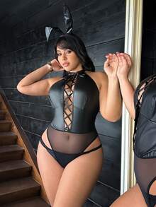 网纱拼接PU系带露背连体衣兔女郎COS两件套 - 黑色 - 查看 3