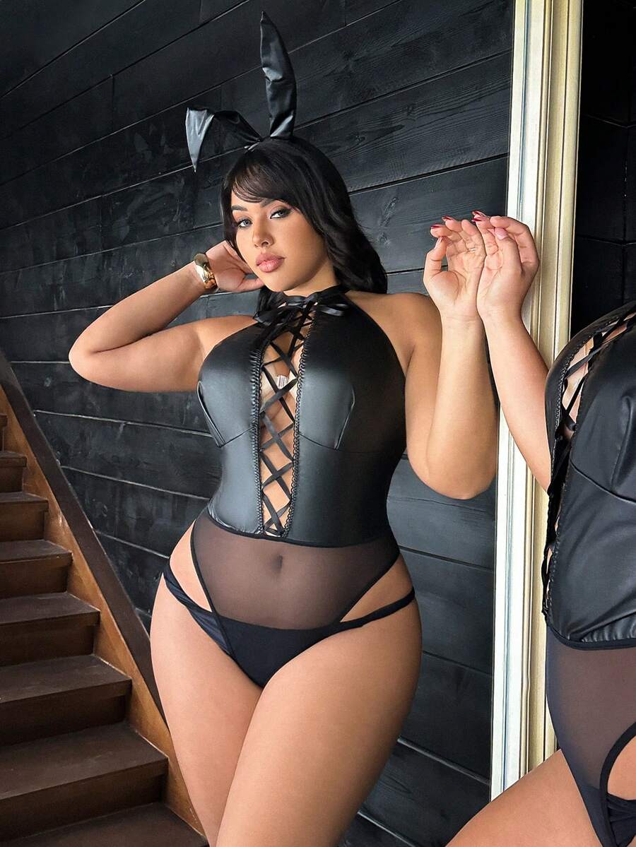 网纱拼接PU系带露背连体衣兔女郎COS两件套 - 黑色 - 查看 1