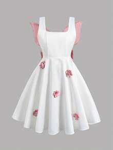 SHEIN Tween Girls White&Pink Butterfly Pattern 3D Elegant Floral Waist A-Line Formal Dress Girl With Bows Flower Bow 3 D Flowers - White - View 5