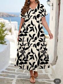 EMERY ROSE Plus Size Women Casual Leaf Print V-Neck Short Sleeve Dress, Suitable For Summer Spring/Flower/Vacation - Multicolor - View 3