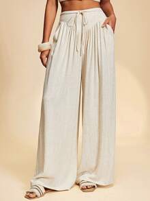 Travachic 女士休闲度假通勤纯色低腰斜插口袋系带宽松阔腿裤，波西米亚风，西部风，夏季穿搭，夏季服装，女士沙滩装，女士沙滩度假装，亚麻 - 杏色 - 查看 1