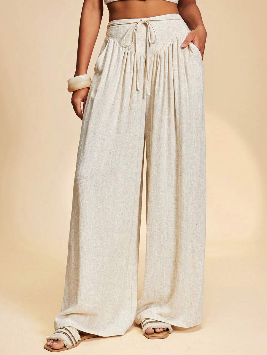 Travachic 女士休闲度假通勤纯色低腰斜插口袋系带宽松阔腿裤，波西米亚风，西部风，夏季穿搭，夏季服装，女士沙滩装，女士沙滩度假装，亚麻 - 杏色 - 查看 1