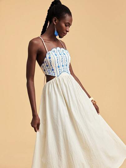 Travachic 花卉刺绣优雅露背度假吊带连衣裙，夏季连衣裙，夏季服装，女士夏季连衣裙，女士优雅连衣裙，女士度假服装，沙滩连衣裙，白色连衣裙，女士休闲连衣裙，节日连衣裙