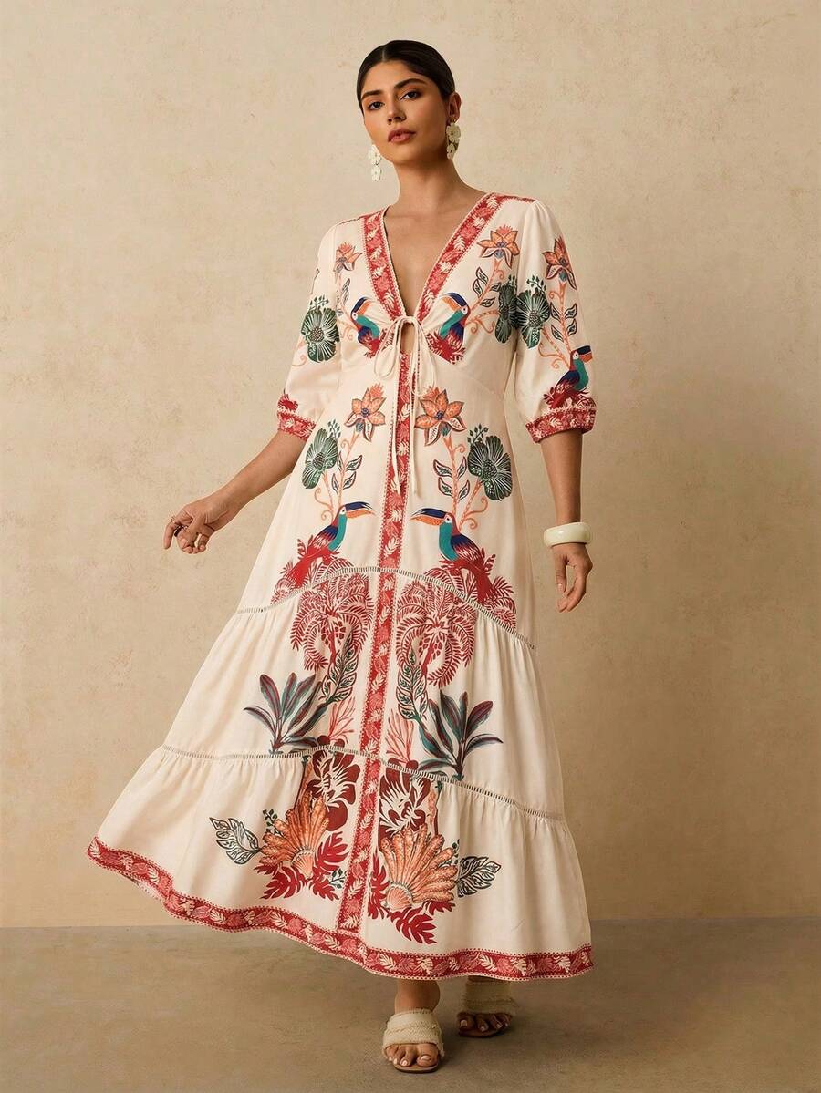 Travachic 大码女式蓝白碎花印花长款连衣裙，V领中袖浪漫度假连衣裙，蕾丝边饰长款连衣裙 - 紅色 - 查看 1