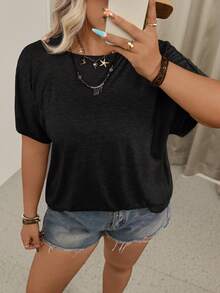 SHEIN VCAY Plus Size Women's Solid Color Twist Back Design Round Neck Short Sleeve Casual T-Shirt - Black - View 4