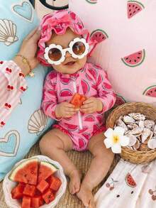 SHEIN Buy One Get One Free 2 Pieces Set: Baby Girl Cute And Versatile Casual Vacation Swimsuit With All-Over Watermelon Print, Plus A Hat. Perfect For Vacations And Spring/Summer. - Pink - View 1