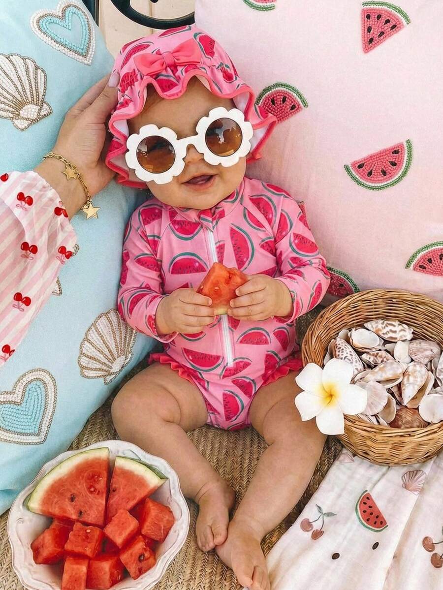 SHEIN Buy One Get One Free 2 Pieces Set: Baby Girl Cute And Versatile Casual Vacation Swimsuit With All-Over Watermelon Print, Plus A Hat. Perfect For Vacations And Spring/Summer. - Pink - View 1