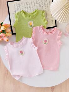 3pcs Young Girl Floral Embroidery Lettuce Trim Casual Vacation Daily Commute Camisole - Multicolor - View 1