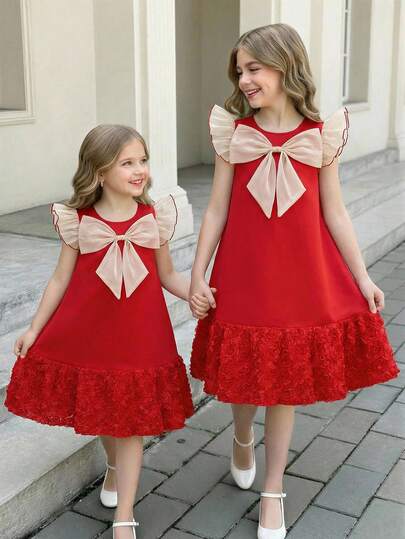 Tween Girl Contrast Color Cap Sleeve Bow Decor Ruffled Hem Cute Dress Red Bow Dress Tween Red Teen Girls Dress Young Girl Elegant Solid Color 3d Bow Ruffle Strap Casual Dress Cute Dresses For Tea Party Outings Parties And Events Bow Dresses For Girls Elegant Girls Dresses Girls Matching Dresses Red Ruffle Strap Dress For Girls Christmas Girls Dress