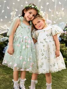 SHEIN Glamorique Kids 女童公主裙，花童，生日派对，晚宴，立体花朵收腰蓬蓬裙，四季皆宜，翻领，网纱泡泡袖优雅派对礼服，华丽连衣裙，复活节，夏季，优雅派对礼服，儿童茶会礼服，女童花园派对礼服，儿童刺绣花朵连衣裙，儿童传家宝连衣裙 - 白色 - 查看 9
