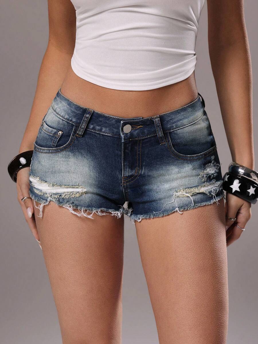 TRNVIE Fashionable Casual Retro Distressed Low Waist Denim Shorts - Medium Wash - View 1