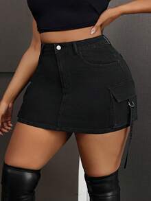 SHEIN SXY Plus Size Solid Color Denim Mini Skirt, Fashionable For Summer - Black - View 4
