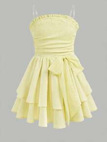 SHEIN 少女优雅编织纹理荷叶边蝴蝶结腰身多层蛋糕吊带裙，法式仙女风公主裙，适合生日派对、毕业舞会等场合 - 芥末黃 - 查看 4