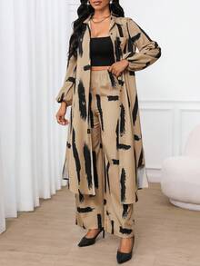 SHEIN Lady Petite Conjunto de 2 piezas de camisa de manga obispo con bolsillo y cuello tejido, elegante y casual, para primavera, verano, otoño e invierno, apto para vacaciones, iglesia, oficina y salidas de verano para mujeres - Multicolor - Ver 3