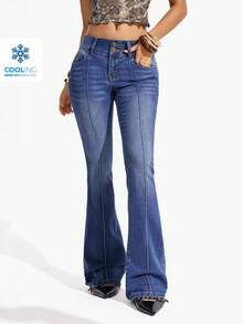 Flexra Pocket Skinny Flared Leg Color Block Pintuck Jeans - Dark Wash - View 1