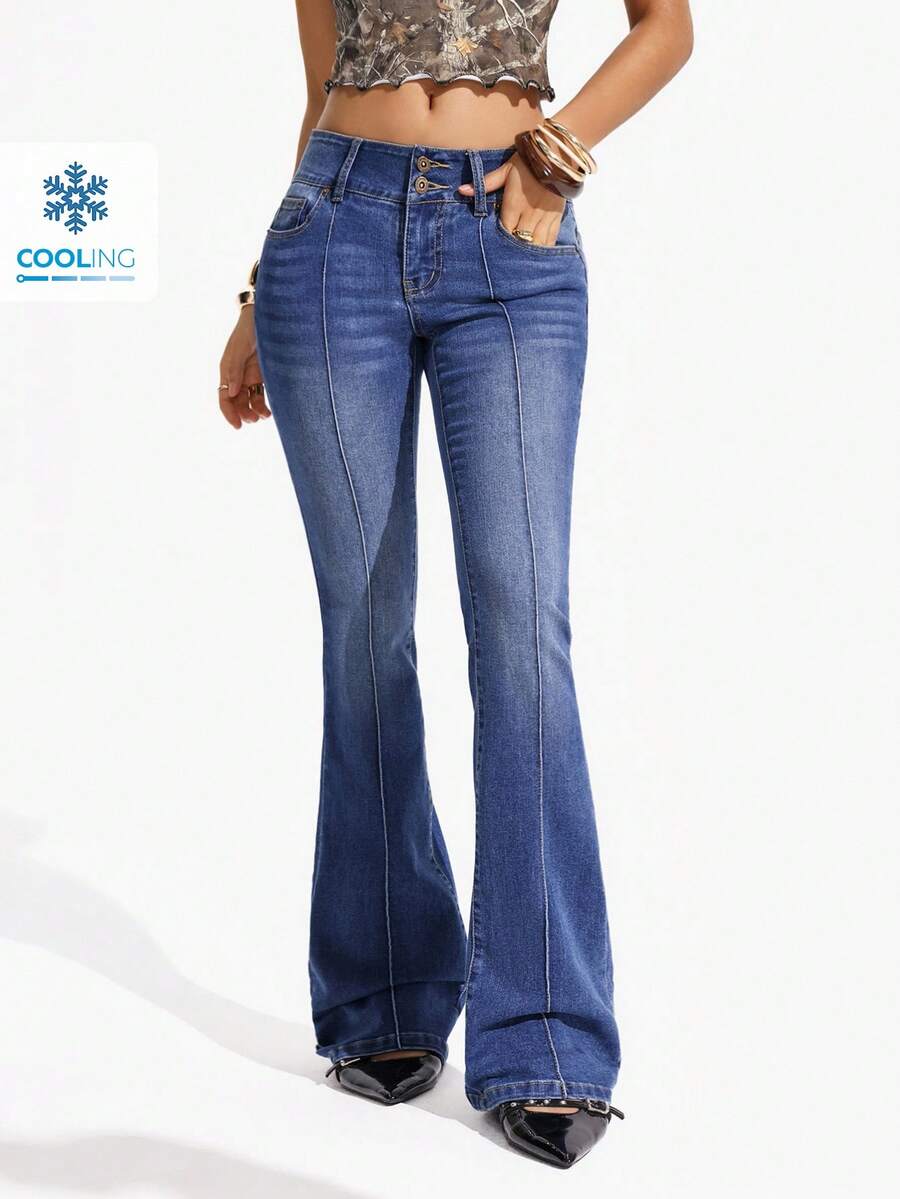 Flexra Pocket Skinny Flared Leg Color Block Pintuck Jeans - Dark Wash - View 1