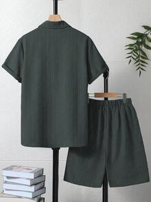 2pcs/Set Teen Boy Casual Single-Breasted Short Sleeve Shirt And Shorts Set - Grey - View 2
