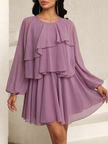 Modelyn Women's Elegant Romantic Multi-Layer Ruffle Trim Purple Long Sleeve Mini Dress - Purple - View 1