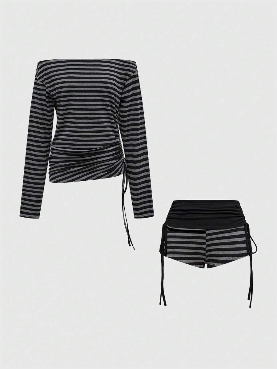 ROMWE J-Fashion Y2K Sexy Striped Bat Wing Ruffle Drawstring Off Shoulder Women's Suit - Black - View 1