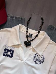 Attitoon Women's Casual Fashion, College Style Badge & Number 23 Print Turndown Collar Long Sleeve T-Shirt, Tight Fit Autumn/Winter Undershirt, White Top, White T-Shirt - White - View 7