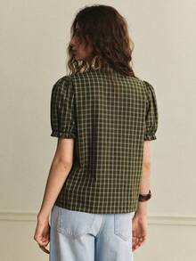 EMERY ROSE Elegant Everyday Casual Blazer V-Neck Short Sleeve Loose Vintage Plaid Embroidery Blouse Women's Spring And Summer Shirts Women's Shirt Spring And Summer Casual Blazer, Suitable For Traveling And Vacation Spring And Summer Versatile Tops Ladies' Shirts Ladies' Tops, Vintage Holiday Shirts Office Shirts Green Vintage Plaid Shirt Blouse Embroidered Blouse Shirt - Green - View 6