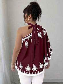 SHEIN Elenzya Áo kiểu cỡ lớn, vai lệch, cổ buộc dây, in họa tiết. - Màu Đỏ Sâu - Xem 2