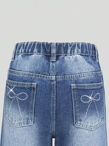 SHEIN 少女牛仔裤，春夏新款，中蓝色水洗牛仔布，休闲舒适，饰有水钻蝴蝶结，宽松阔腿版型，柔软棉质牛仔面料，适合日常、上学、通勤、聚会等场合。 - 藍色 - 查看 6