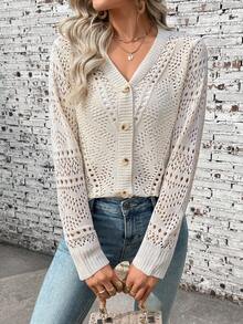 Breezaya Women's Apricot V-Neck Perforated Button Cardigan, Fashionable Versatile Minimalist Design, Suitable For Spring/Summer, Beach Vacation - Apricot - View 5