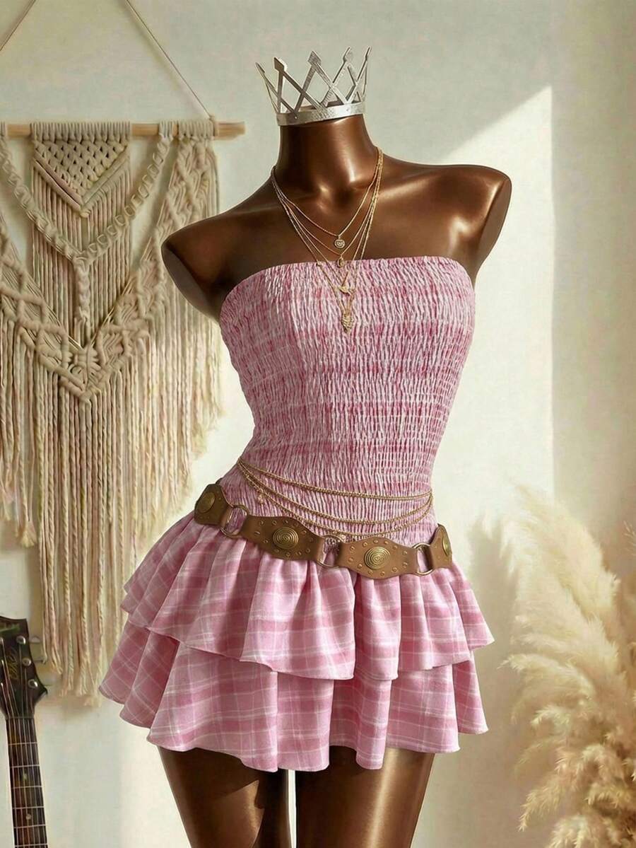 Elin Vora Holiday Styled Pleated Sleeveless Shirred Waist Flared Hem Plaid Mini Dress For Women - Pink - View 1