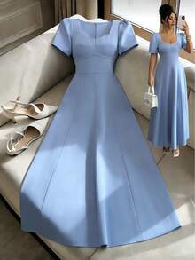 Elenzga Vestido de mujer de unicolor con cuello cuadrado, copa de busto falsa con forma, cinturón de cintura vintage, manga abullonada, longitud hasta la rodilla, elegante y sofisticado, estilo retro romántico minimalista francés, adecuado para oficina, viajes, negocios, casual, playa, citas, nueva llegada de primavera/verano - Azul - Ver 1