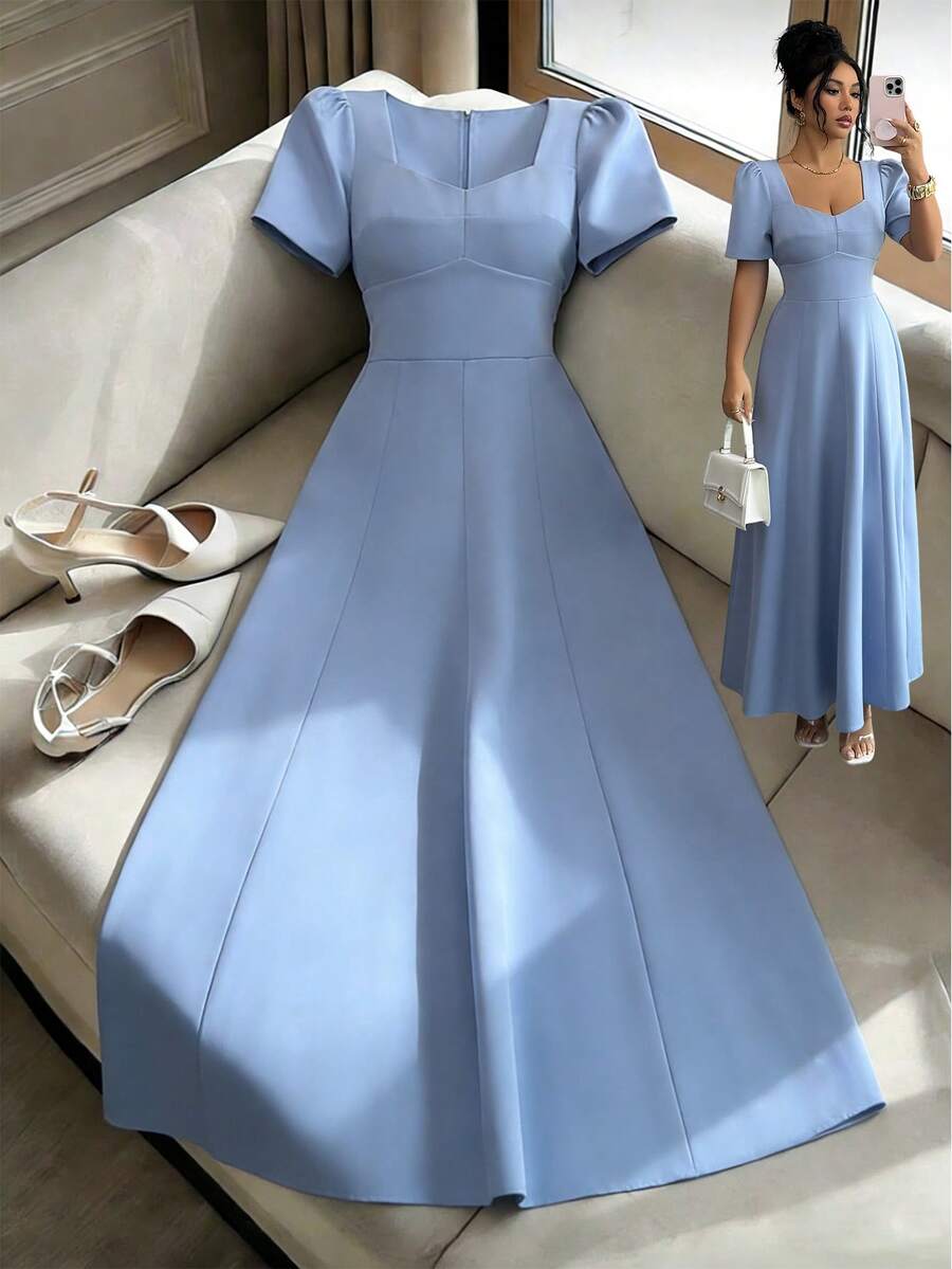 Elenzga Vestido de mujer de unicolor con cuello cuadrado, copa de busto falsa con forma, cinturón de cintura vintage, manga abullonada, longitud hasta la rodilla, elegante y sofisticado, estilo retro romántico minimalista francés, adecuado para oficina, viajes, negocios, casual, playa, citas, nueva llegada de primavera/verano - Azul - Ver 1