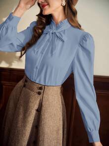Vintamour 复古优雅女士衬衫，荷叶边领口和褶皱细节设计，长袖休闲工作装，适合秋季返校季、冬季办公室穿着，也可作为生日礼物。 - 藍色 - 查看 3