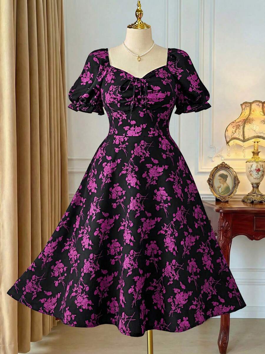Pretty and Ole Plus Size Women Floral Print V-Neck Short Sleeve Knee-Length Dress - Purple - View 1