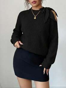 Suéter holgado de punto de unicolor con mangas raglán y lazos en los hombros, para otoño/invierno - Negro - Ver 4