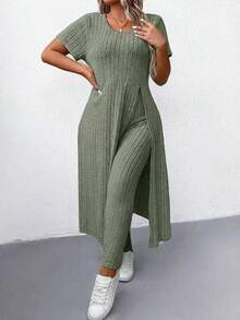 EURMUSE Plus Size Women Solid Color Round Neck Short Sleeve Side Slit Hem Long Ribbed T-Shirt And Pants Casual 2 Piece Set - Mint Green - View 5