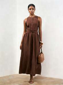 Zivah Vestido de línea A con cuello redondo, sin mangas, cintura cruzada y fruncido, de tela texturizada con rayas verticales en color marrón oscuro, para primavera y verano 2026, estilo casual de negocios - Café integral - Ver 8