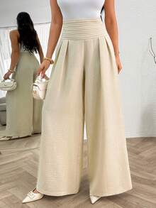 SHEIN Paper Belt High Waist Wide Leg Trousers Fake Linen - Beige - View 4