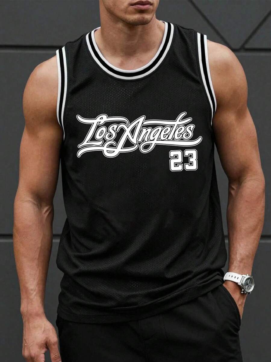 Aesthetic Post Men's Contrast Trim Round Neck Letter Print Casual Tank Top, Summer - Black - View 1