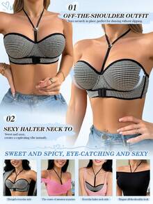 Eraneu 1pc Women's Front Closure Underwire Plunge Bra, Black - Black and White - View 5